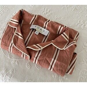 Buru Tencel Linen Blend Copper Cream Striped PJ Style Lounge Top M tan/white